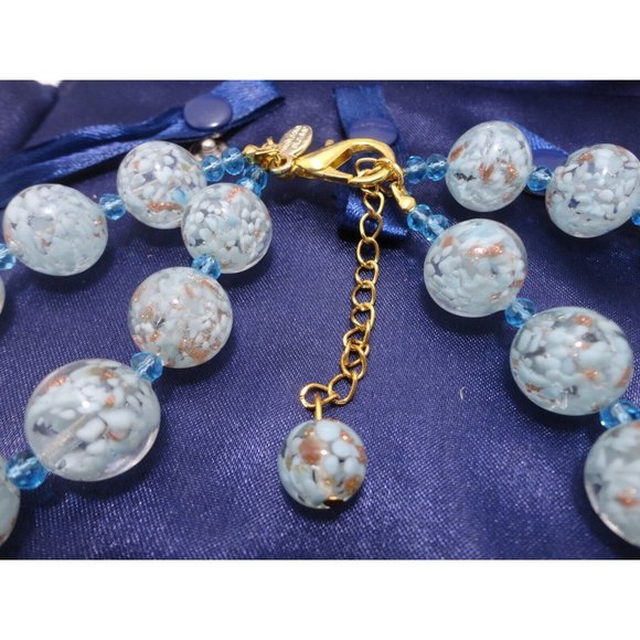 Murano Glass Bead Double Strand Necklace Bracelet Earring Set Blue Gold Stauer - Picture 10 of 11